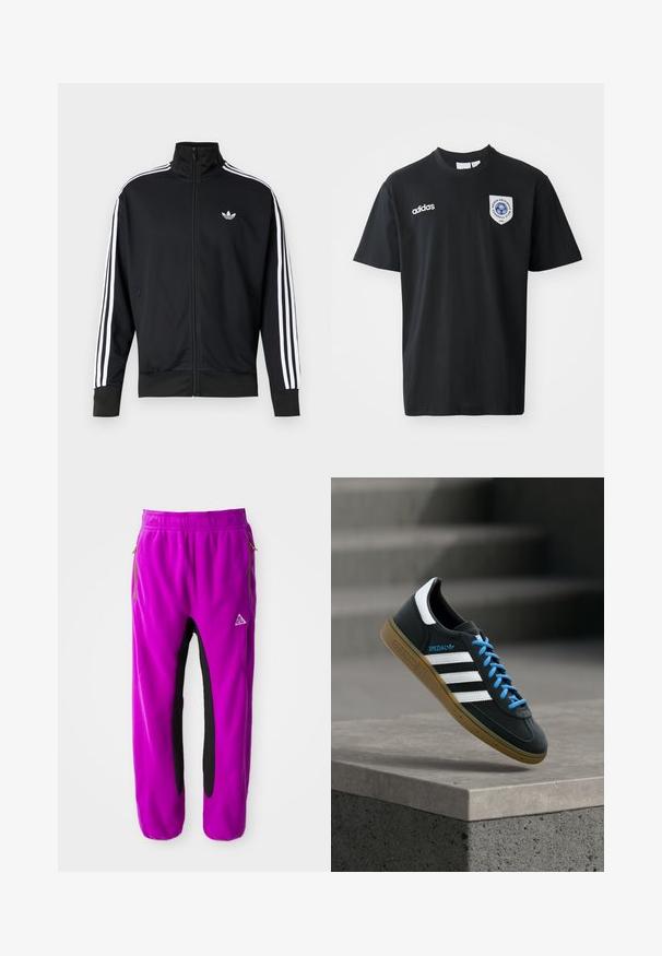 Veste noire zippée en tissu maille, avec des bandes blanches sur les manches et un petit logo blanc sur la poitrine.; T-shirt noir à manches courtes en coton, avec un col rond. Inclut le logo blanc d'Adidas et un écusson avec un emblème bleu sur la poitrine gauche.; Pantalons en polaire violette avec des accents noirs sur les côtés, dotés de poches zippées et d'un logo brodé. Taille élastique pour un maintien sécurisé.; Baskets Adidas noires avec des rayures blanches, des lacets bleus et une semelle en gomme flottant au-dessus d'une marche en béton grise sous une lumière douce.