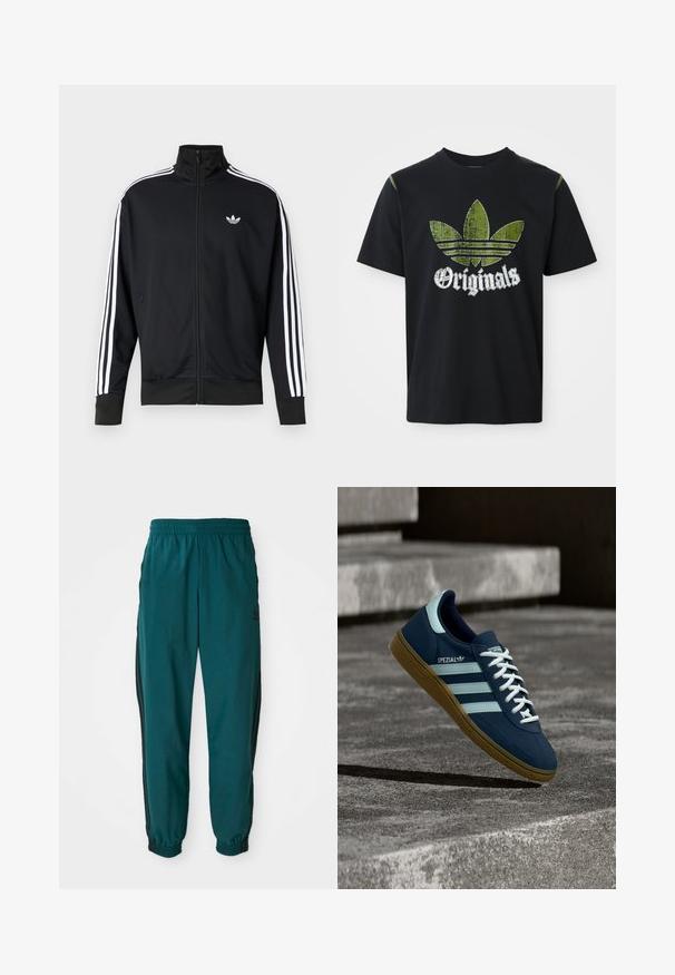 Čierna bunda na zips z materiálu sieťoviny, so bielymi pruhmi na rukávoch a malým bielym logom na hrudi.; Čierne bavlnené tričko s roztrhnutým zeleným grafickým dizajnom so tromi pruhmi a slovom "Originals" pod ním v bielej farbe, okrúhly výstrih, krátke rukávy.; Tyrkysové športové nohavice s viazaním v páse, elastickými manžetami a bočnými čiernymi pruhmi. Vyrobené z ľahkej tkaniny, s logom blízko bedra.; Modré tenisky Adidas Spezial s bielymi pruhmi a šnúrkami, gumovou podrážkou, plávajúce nad drsným betónovým povrchom a schodmi v pozadí.