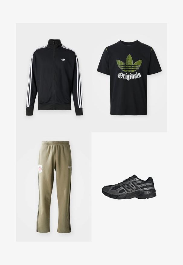 Schwarze Jacke zum Reißverschluss aus Mesh-Stoff, mit weißen Streifen an den Ärmeln und einem kleinen weißen Logo auf der Brust.; Schwarzes Baumwoll-T-Shirt mit einem abgenutzten grünen Grafikdesign, das drei Streifen zeigt, sowie dem Wort "Originals" darunter in Weiß. Rundhalsausschnitt, kurze Ärmel.; Olivgrüne Jogginghosen mit einem elastischen Bund, Seitentaschen, schwarzen seitlichen Streifen und einem Logo-Patch am Oberschenkel.; Schwarze Sportschuhe aus Netz- und synthetischem Material, mit einer strukturierten Oberfläche, mehreren grauen Streifen und einem gepolsterten Schaft.
