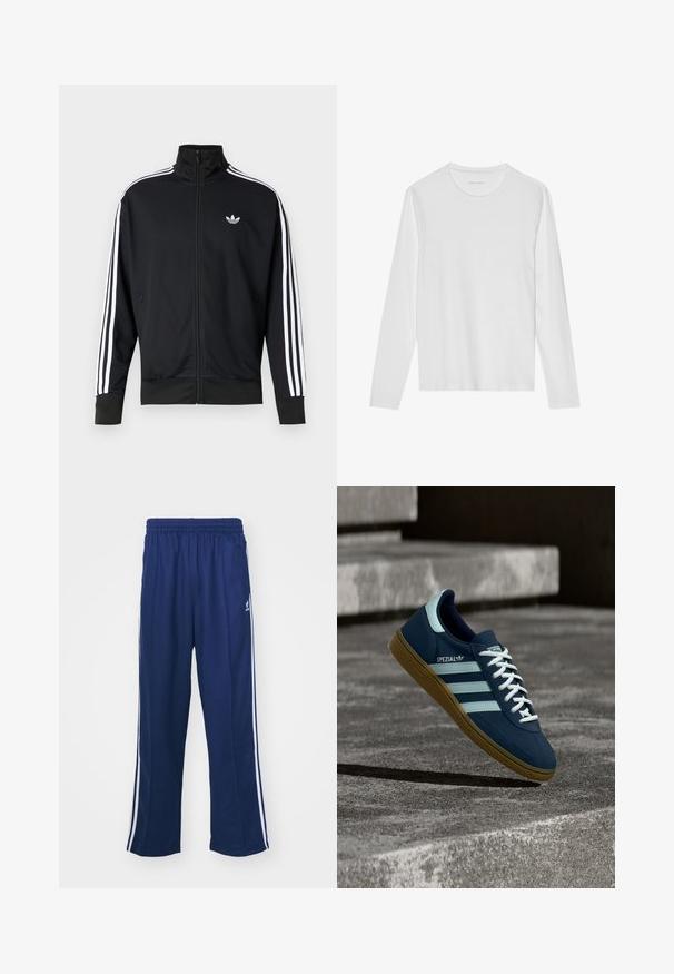Zwarte jas met ritssluiting van meshstof, met witte strepen op de mouwen en een klein wit logo op de borst.; Wit T-shirt met lange mouwen gemaakt van zacht katoen, met een ronde halslijn en een gladde textuur zonder zichtbare patronen of accenten.; Marineblauwe sportbroek met een ontspannen pasvorm, voorzien van witte zijstrepen en een elastische tailleband. Soepele stof, geen zichtbare patronen of hardware.; Blauwe Adidas Spezial sneaker met witte strepen en veters, gumzool, zwevend boven een ruwe betonnen oppervlakte en trappen op de achtergrond.