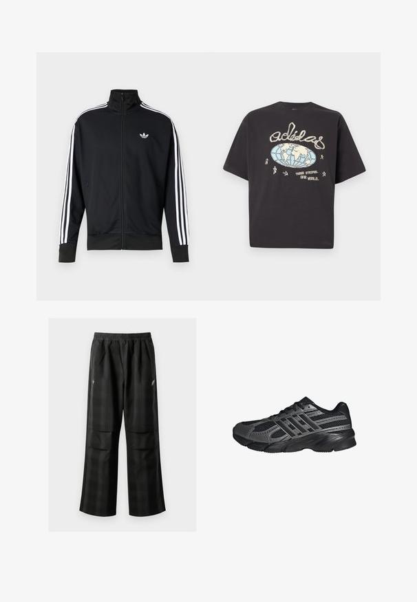 Zwarte jas met ritssluiting van meshstof, met witte strepen op de mouwen en een klein wit logo op de borst.; Zwart Adidas T-shirt met een beige en blauw wereldbolgrafiek, handgeschreven Adidas-logo, sterren en de tekst "Three Stripes. One World."; Zwarte geruite broek met een elastische tailleband, twee voorzakken en een losse pasvorm met een rechte pijpdesign. Gemaakt van lichtgewicht materiaal.; Zwarte sportschoenen gemaakt van mesh en synthetische materialen, met een getextureerd oppervlak, meerdere grijze strepen en een gevoerde kraag.
