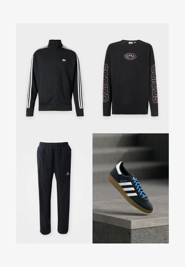 Chaqueta negra con cremallera hecha de tela de malla, con rayas blancas en las mangas y un pequeño logo blanco en el pecho.; Camiseta negra de manga larga de algodón con un logo central y grandes gráficos de texto a lo largo de las mangas en colores contrastantes.; Pantalones atléticos negros de material suave y texturizado, con cinturilla elástica, bolsillos laterales y un acento de logo triangular en el muslo.; Zapatilla negra Adidas con franjas blancas, cordones azules y suela de goma flotando sobre un escalón de hormigón gris con luz suave.