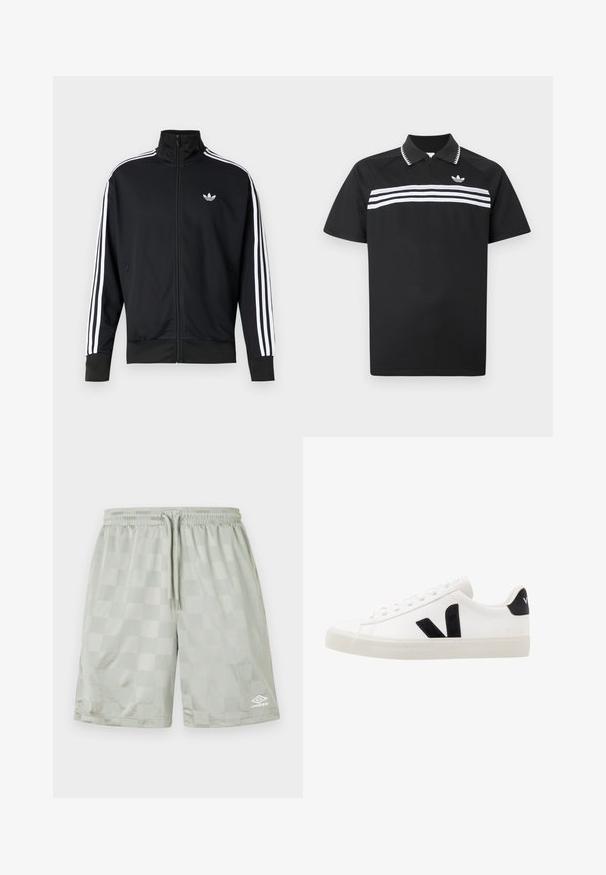 Zwarte jas met ritssluiting van meshstof, met witte strepen op de mouwen en een klein wit logo op de borst.; Zwart poloshirt met een ritssluiting bij de kraag, voorzien van drie witte horizontale strepen over de borst en een klein logo linksboven.; Umbro FOOTBALL SHORT - Trainingsbroek - harbor mist; Witte leren sneaker met zwarte suède accenten; voorzien van een rubberen zool, ronde neus en een klassieke vetersluiting. Zijkant met logo in het zwart.
