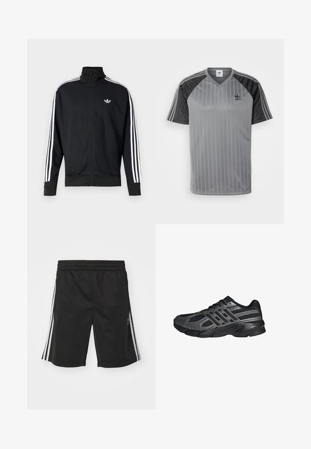 Zwarte jas met ritssluiting van meshstof, met witte strepen op de mouwen en een klein wit logo op de borst.; adidas Originals T-shirt print - black/grey; Zwarte sportieve shorts met een elastische tailleband, voorzien van witte zijstrepen en een gladde stofstructuur. Geen extra versieringen.; Zwarte sportschoenen gemaakt van mesh en synthetische materialen, met een getextureerd oppervlak, meerdere grijze strepen en een gevoerde kraag.