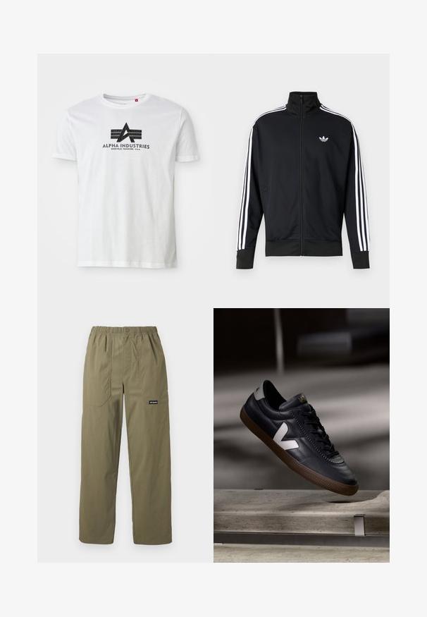 Čierna bunda na zips z materiálu sieťoviny, so bielymi pruhmi na rukávoch a malým bielym logom na hrudi.; Biele bavlnené tričko s čiernym grafickým logom so „A“ a dvoma horizontálnymi pruhmi, označené "Alpha Industries" a s údajmi o lokalite nižšie.; Olivovo zelené nohavice rovného strihu s elastickým pásom, prednými našitými vreckami, zapínaním na gombíky a logom Columbia na pravom vrecku.; Čierne kožené tenisky s bielym logom V, šnurovanie vpredu, perforované detaily a hnedá gumová podošva; štíhly dizajn s minimálnymi akcentmi.