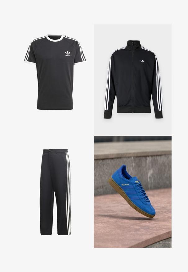 Chaqueta negra con cremallera hecha de tela de malla, con rayas blancas en las mangas y un pequeño logo blanco en el pecho.; Camiseta negra con cuello y ribetes de las mangas en blanco, que presenta tres franjas horizontales blancas en cada hombro y un pequeño logo de Adidas en blanco.; Pantalones negros con corte de pierna recta y tres rayas verticales blancas que recorren los costados exteriores de cada pierna.; Zapatilla Adidas Spezial azul con suela de goma, cordones atados, suspendida sobre una superficie de piedra lisa cerca de una pared de hormigón gris.