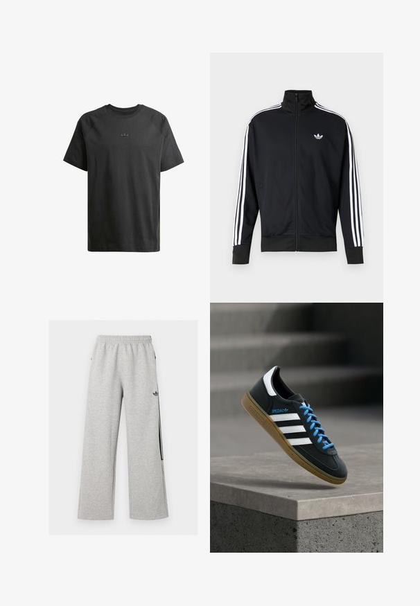 Schwarze Jacke zum Reißverschluss aus Mesh-Stoff, mit weißen Streifen an den Ärmeln und einem kleinen weißen Logo auf der Brust.; Schwarz Baumwoll-T-Shirt mit kurzen Raglanärmeln, das ein dezentes eingeprägtes Logo auf der Brust und eine durchgehend glatte Textur aufweist.; Hellgraue weite Sweatpants mit elastischem Bund und schwarzem Adidas Trefoil-Logo am rechten Oberschenkel.; Schwarzer Adidas-Sneaker mit weißen Streifen, blauen Schnürsenkeln und Gummisohle, der über einer grauen Betontreppe im weichen Licht schwebt.