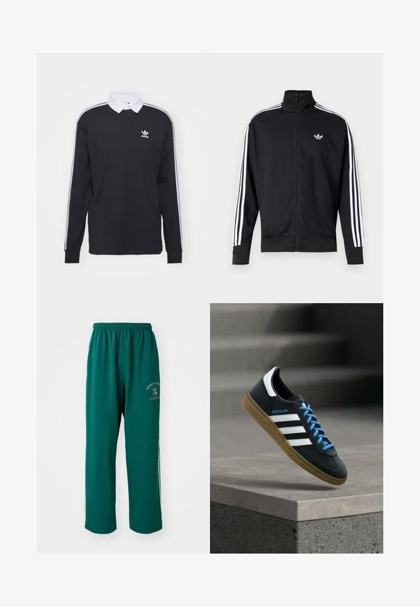 Sort lynlåstrøje lavet af meshstof, med hvide striber på ærmerne og et lille hvidt logo på brystet.; Sort langærmet polo skjorte med hvid krave og tre hvide striber langs ærmerne; har et broderet Adidas-logo på brystet.; Grønne træningsbukser lavet af glat stof, med elastisk talje, logo print på den ene side og hvide sidelister. Normal pasform.; Sort Adidas sneaker med hvide striber, blå snørebånd og gummisål, der svæver over gråt betontrin i blødt lys.