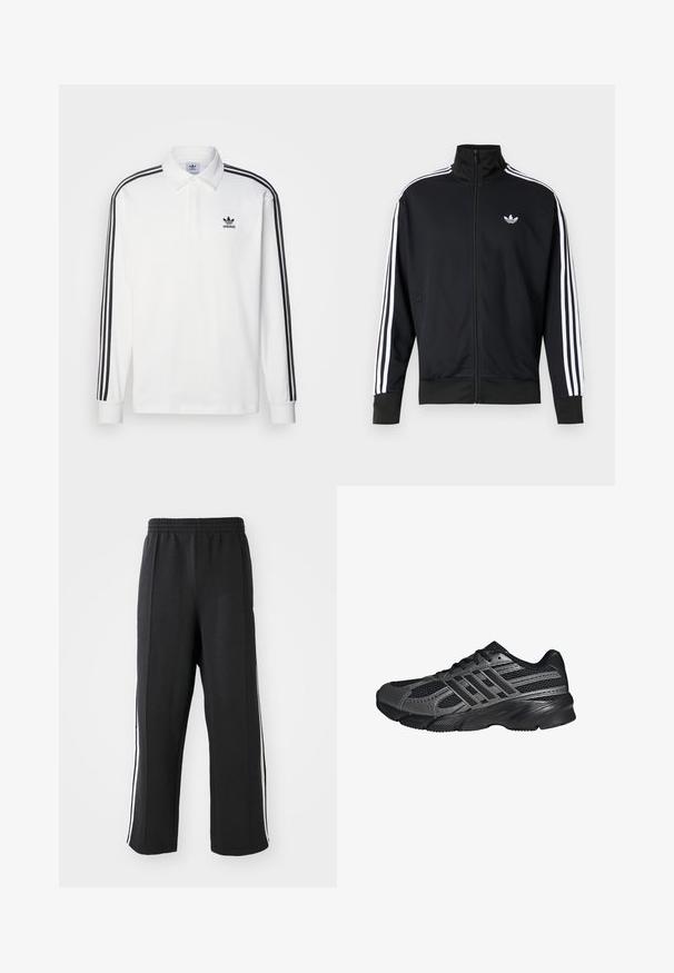 Sort lynlåstrøje lavet af meshstof, med hvide striber på ærmerne og et lille hvidt logo på brystet.; Hvid langærmet polo shirt med klassisk krave, sorte tre-stribede accenter ned langs ærmerne og et lille sort logo på brystet.; Sorte sweatpants med elastisk talje, der har hvide sidelister og en afslappet pasform. Lavet af blødt, strækbart stof.; Sorte træningssko lavet af mesh og syntetiske materialer, med en tekstureret overflade, flere grå striber og en polstret krave.