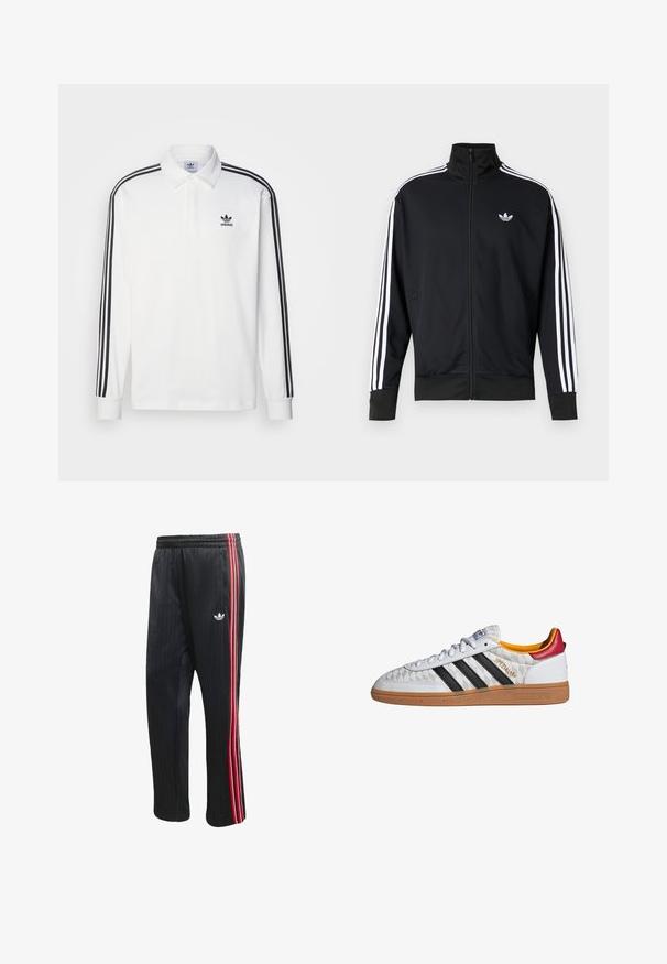 Sort lynlåstrøje lavet af meshstof, med hvide striber på ærmerne og et lille hvidt logo på brystet.; Hvid langærmet polo shirt med klassisk krave, sorte tre-stribede accenter ned langs ærmerne og et lille sort logo på brystet.; Sorte træningsbukser med lodret ribbet tekstur, der har røde og hvide sidelommer og en lille hvid logo på venstre ben.; Hvid Adidas Spezial sneaker med sorte striber, gummisål, quiltet mønster, rød hælflap og gul inderfor, set fra siden.