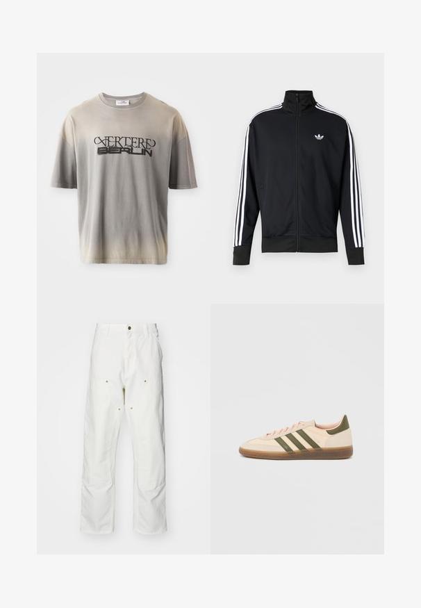 Zwarte jas met ritssluiting van meshstof, met witte strepen op de mouwen en een klein wit logo op de borst.; Grijze gradient t-shirt met korte mouwen, voorzien van een zwarte print van "VERTERE BERLIN" in een gestileerd lettertype, zachte structuur en een relaxte pasvorm.; Witte katoenen cargobroeken met een relaxte pasvorm. Kenmerken zijn onder andere voorzakken, gouden hardware accenten en versterkte kniezones.; Beige Adidas Spezial sneaker met een laag profiel, groene strepen, een gumkleurige zool en "SPEZIAL" branding aan de zijkant, gezien vanaf de buitenzijde.