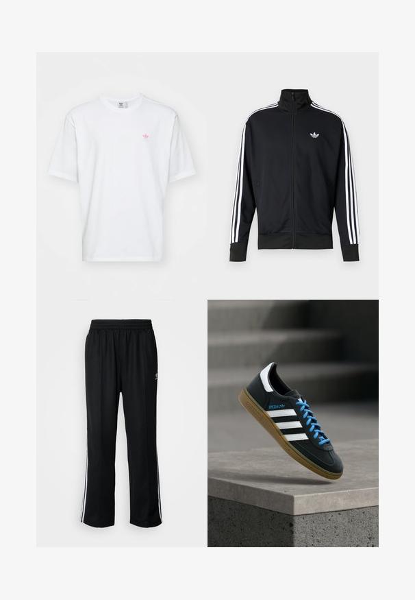 Schwarze Jacke zum Reißverschluss aus Mesh-Stoff, mit weißen Streifen an den Ärmeln und einem kleinen weißen Logo auf der Brust.; Weißes Baumwoll-T-Shirt mit Rundhalsausschnitt und kurzen Ärmeln. Auffällige Details sind ein kleines pinkes und grünes Logo auf der linken Brust.; Schwarze Sporthosen mit elastischem Bund, ausgestattet mit weißen Seitenstreifen und einem kleinen Logo. Das Material wirkt weich und leicht.; Schwarzer Adidas-Sneaker mit weißen Streifen, blauen Schnürsenkeln und Gummisohle, der über einer grauen Betontreppe im weichen Licht schwebt.