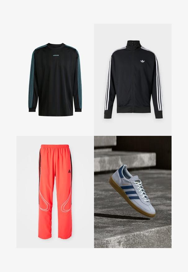 Schwarze Jacke zum Reißverschluss aus Mesh-Stoff, mit weißen Streifen an den Ärmeln und einem kleinen weißen Logo auf der Brust.; Schwarzes Langarmshirt mit geripptem Kragen, das drei türkisfarbene Streifen an jedem Ärmel und ein Adidas-Logo auf der Brust aufweist.; Rote Sporthosen mit lockerer Passform, elastischem Bund, schwarzen seitlichen Streifen und weißen Paspelierungen entlang der Beine. Adidas-Logo auf der Hüfte.; Hellblauer Adidas Spezial Sneaker mit dunkelblauen Streifen und Gummisohle, in der Luft über Betontreppen in neutralem Außenbereich gezeigt.