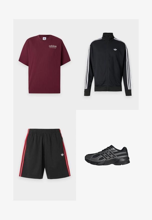 Chaqueta negra con cremallera hecha de tela de malla, con rayas blancas en las mangas y un pequeño logo blanco en el pecho.; Camiseta de manga corta burdeos hecha de algodón. Presenta un cuello redondo y un pequeño logo blanco de "adidas" con "SPORT DESIGN STUDIO" debajo.; Pantalones cortos deportivos negros con cintura elástica, franjas laterales rojas y blancas, dos bolsillos laterales y el logo de trébol de Adidas en blanco en la pierna izquierda.; Zapatillas deportivas negras hechas de malla y materiales sintéticos, que presentan una superficie texturizada, múltiples rayas grises y un collar acolchado.