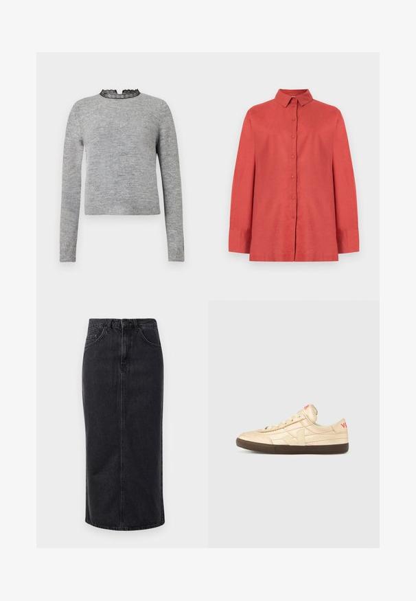 Grå sweater med lange ærmer, en rund halsudskæring pyntet med sort blonder, og en ribbede kant, fremstillet i et blødt og tekstureret stof.; Langærmet skjorte i rust-orange med knapper, spids krave og manchetter, vist mod en ensfarvet hvid baggrund.; Sort denim midi-nederdel med lige skæring, fem-lommer design og knaplukning. Har en rå kant og en subtil falmet tekstur.; Kremfarvede sneakers med en tekstureret læderoverdel, en brun gummisål og en fremtrædende logo i rødt på hælen.