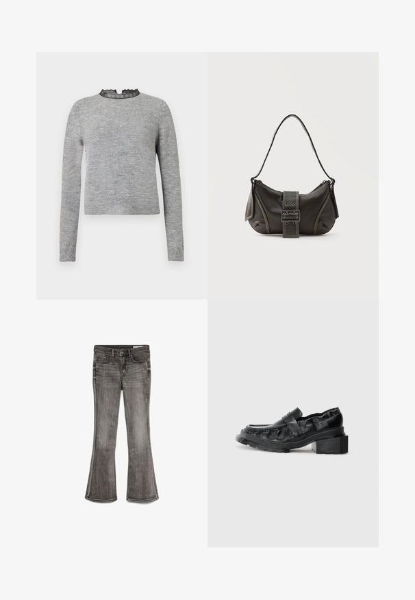 Grå sweater med lange ærmer, en rund halsudskæring pyntet med sort blonder, og en ribbede kant, fremstillet i et blødt og tekstureret stof.; Udsvingende jeans i falmet sort denim med en let glans. Har fem lommer og kontrastsyninger langs kanterne.; Sorte læderloafers med en struktureret sål, der har en let forhøjet blokhæl og en tekstureret overdel, sikret med en frontrem.; Sort læder skuldertaske med spænde på remmen, afrundede kanter og kontrasterende hvide syninger på en ensfarvet baggrund.