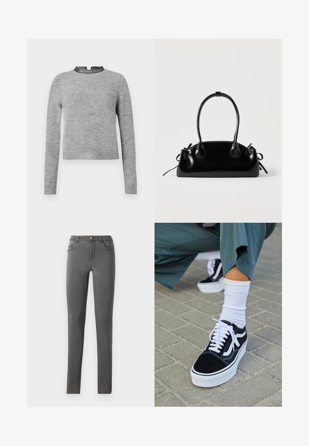 Pull gris à manches longues, avec un col rond accentué par de la dentelle noire, et un ourlet côtelé, fabriqué dans un tissu doux et texturé.; Jean skinny en denim gris avec une coupe ajustée, style cinq poches et une fermeture à bouton métallique unique au niveau de la taille.; Baskets en suède noir avec des accents et des lacets blancs, présentant une épaisse semelle blanche et des coutures contrastantes, associées à une chaussette blanche.; Petit sac à main noir brillant avec deux longues anses et des détails à cordon sur les côtés sur un fond clair uni.