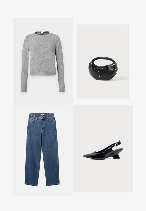 Grijze trui met lange mouwen, een ronde halslijn versierd met zwarte kant, en een geribbelde zoom, gemaakt van een zachte en gestructureerde stof.; Klassieke blauwe denim jeans met een rechte pijp, vijf zakken en een knoopsluiting. Heeft een middelgrote wasbeurt en stevige textuur.; Zwarte lakleren slingback schoen met spitse neus en lage schuine blokhak op een effen lichte achtergrond.; Zwarte leren handtas met een afgeronde vorm, versierd met zilveren studs, en een korte handgreep. Gladde textuur en ritsluiting.