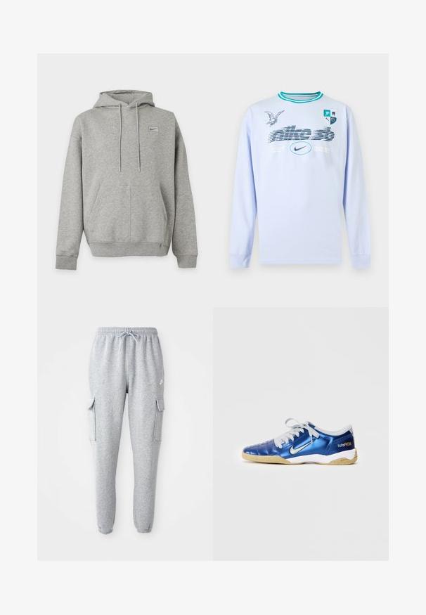 Hellgrauer Nike Hoodie mit Fronttasche, Kordelzugkapuze und kleinem Logo auf der linken Brust vor einfarbigem Hintergrund.; Hellblaues Langarmshirt mit türkisfarbenen Kragenstreifen, grafischem Text "nike sb EST. 2002", Nike-Logo, Vogelillustration und einem Wappen mit vier Symbolen auf der Brust.; Graue Sweatpants aus weichem Material, mit elastischem Bund und Kordelzug, zwei seitlichen Cargo-Taschen und schmal zulaufenden Bündchen.; Blauer synthetischer Fußballschuh mit strukturiertem Obermaterial, weißen Akzenten, grauen Schnürsenkeln und einer Sohle aus Gummi. Mit "total90"-Branding an der Ferse.