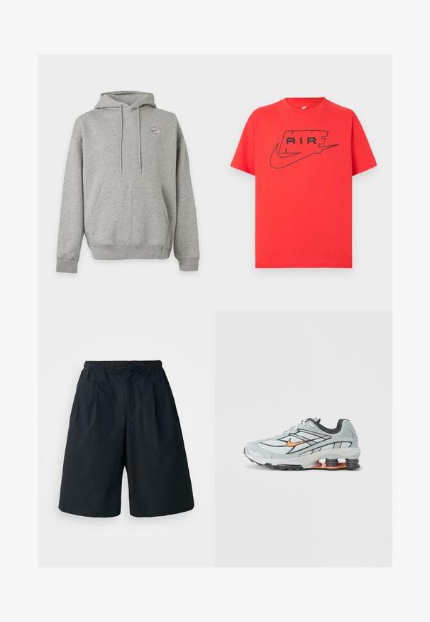 Lysegrå Nike-hættetrøje med frontlomme, snøre i hætten og lille logo på venstre bryst mod en ensfarvet baggrund.; Rød bomulds-T-shirt med sort Nike-logo og teksten "AIR". Korte ærmer og rund halsudskæring med en afslappet pasform. Glat tekstur.; Sorte shorts med elastisk talje og justerbar snor. Lavet af et glat stof, med en løs pasform og uden synlige mønstre.; Lyst grå løbesko med sorte detaljer, orange logo, mesh-overdel, polstret krave og gummisål med synlige stødabsorberende enheder.