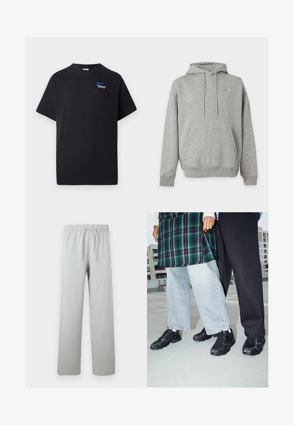 Lichtgrijze Nike hoodie met voorzak, trekkoorden in de capuchon en klein logo op de linkerborst tegen een effen achtergrond.; Zwart T-shirt met korte mouwen met een kleine blauwe Nike swoosh en witte tekst "ATHLETIC DEPT JUST DO IT." op de bovenlinker borst.; Lichtgrijze casual broek met elastische tailleband en trekkoord, rechte pijp, geschikt voor dagelijks gebruik.; Zwarte sportieve schoenen met mesh- en rubberaccenten. Draagt een lichtgrijze wijde spijkerbroek en een groen geruit shirt. Effen achtergrond.