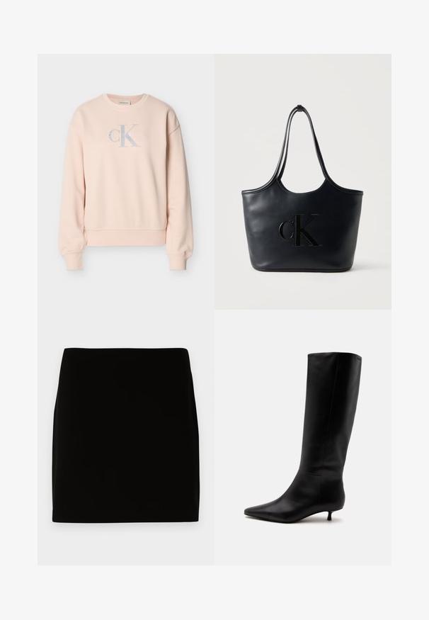 Lyserød Calvin Klein sweatshirt med lange ærmer, rund hals, ribstrikkede manchetter og frontlogo i lysegrå og hvide bogstaver.; Sort mini nederdel lavet af glat stof, med et enkelt design uden synlige sømme eller dekorationer. Rene linjer og lige pasform.; Sort læder knæhøj støvle med spids snude og lav kittenhæl mod en ensfarvet lys baggrund.; Sort lædertaske med to lange håndtag og hævet CK-logo præget på forsiden mod en ensfarvet baggrund.