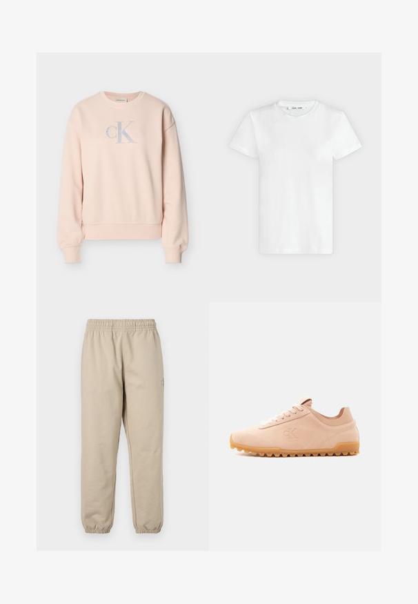 Lyserød Calvin Klein sweatshirt med lange ærmer, rund hals, ribstrikkede manchetter og frontlogo i lysegrå og hvide bogstaver.; En simpel hvid T-shirt med korte ærmer og rund hals lagt fladt på en lys grå baggrund, hvor forsiden med label inde i halsen vises.; Beige sweats med elastisk talje og manchetter. Blødt bomuldsmateriale, lige ben-design, med et lille broderet logo på siden.; Lyse beige ruskindssneaker med gummisål og hvide snørebånd, med præget "cK"-logo på siden.