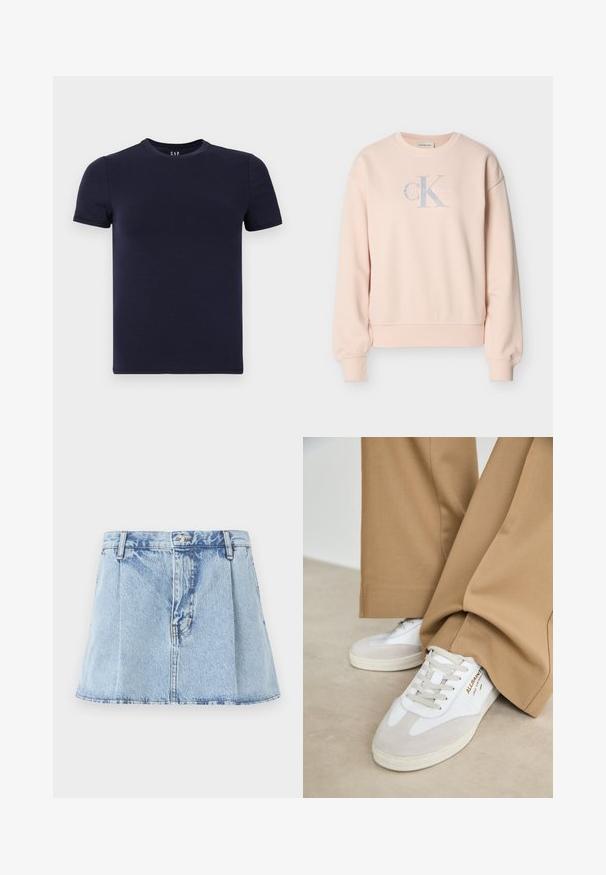 Sweatshirt Calvin Klein rose clair à manches longues, col rond, poignets côtelés et logo frontal en lettres grises claires et blanches.; T-shirt col rond bleu marine en coton lisse, avec des manches courtes et une coupe régulière. Design simple et sans couture, sans motifs.; Jupe en denim mini en bleu clair, avec une taille ajustée, un devant plissé et une décoloration subtile. Design classique à cinq poches avec un bouton métallique.; Baskets blanches avec des accents en daim, des lacets texturés et une semelle en caoutchouc. Associées à un pantalon beige ample. Logo affiché sur le côté.