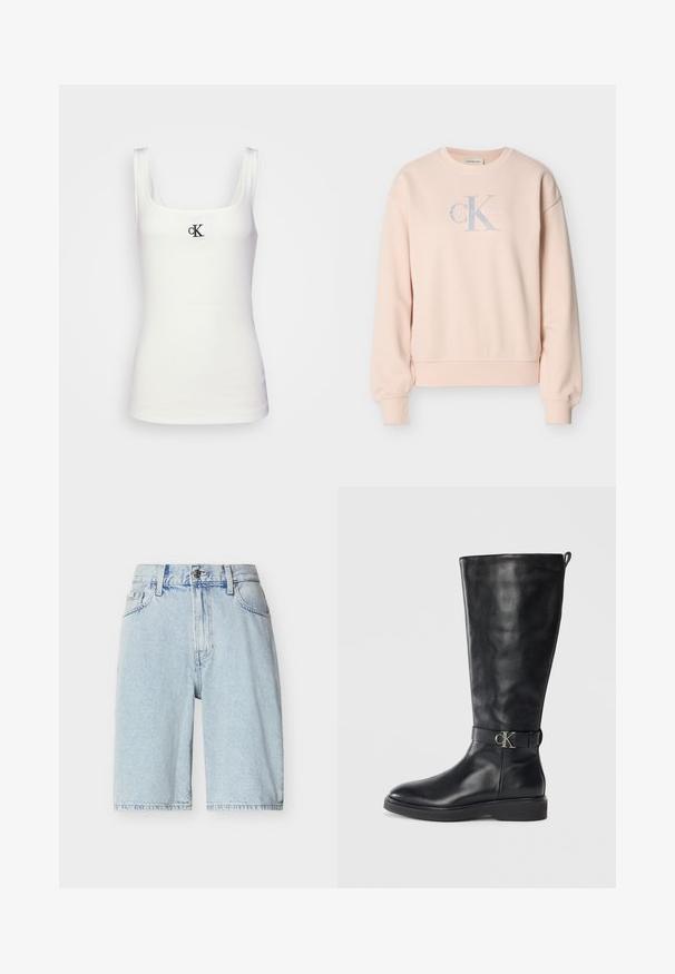 Hellrosa Calvin Klein Sweatshirt mit langen Ärmeln, Rundhalsausschnitt, gerippten Bündchen und Frontlogo in hellgrauen und weißen Buchstaben.; Weißes Baumwolltanktop mit quadratischem Ausschnitt und schmalen Trägern. Verfügt über ein kleines, schwarz gesticktes CK-Logo auf der Vorderseite.; Hellblaue Jeansshorts mit hoher Taille, Knopf- und Reißverschluss, Gürtelschlaufen und Vordertaschen.; Schwarze Lederkniehohe Stiefel mit niedrigem Absatz, runder Spitze und metallischem "CK"-Logo-Riemen um den Knöchel.