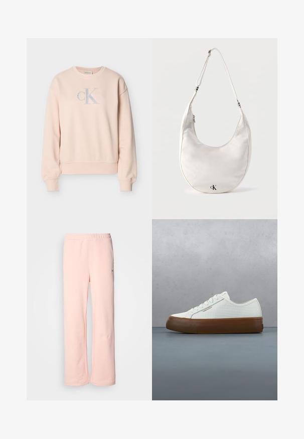 Sudadera rosa clara Calvin Klein con mangas largas, cuello redondo, puños acanalados y logo frontal en letras gris claro y blancas.; Pantalones de chándal de algodón rosa con un diseño de pierna ancha, cinturilla elástica y detalles de costura mínimos. Presenta una pequeña etiqueta de logo en el costado.; Zapatilla blanca texturizada de Calvin Klein con suela marrón flotando sobre un suelo de baldosas de madera y guijarros al aire libre.; Bolso de hombro blanco en forma de media luna con correa ajustable y logo negro "cK" cerca del centro inferior sobre fondo liso.