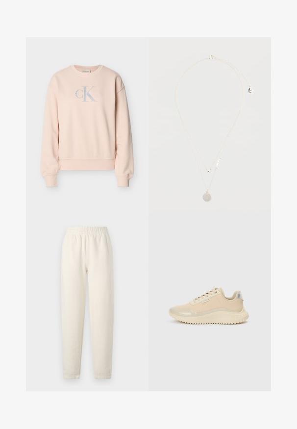 Vaaleanpunainen Calvin Klein -collegepaita, jossa pitkät hihat, pyöreä pääntie, resorit hihansuissa ja edessä vaaleanharmaalla ja valkoisella kirjaimilla oleva logo.; Housut vaalean kermanväristä pehmeää kangasta. Niissä on joustava vyötärönauha ja kapeneva lahjesuunnittelu, jossa on hienovaraisia ompeluyksityiskohtia.; Beiget tennarit, joissa on sileä kiiltävä kärki ja päällinen, yksityiskohtina teksturoitu midsole ja kumipohja. Varustettu merkkilistalla.; Hopeinen kaksikerroksinen kaulaketju, jossa on pyöreä riipus ja pieni kolmiomainen korostus; sisältää "DKNY"-brändilaput.