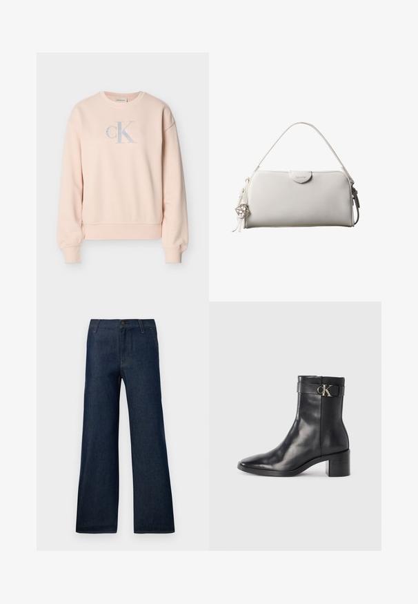 Lyserød Calvin Klein sweatshirt med lange ærmer, rund hals, ribstrikkede manchetter og frontlogo i lysegrå og hvide bogstaver.; Mørkeblå bukser med brede ben lavet af denim, med et klassisk fem-lommen design, knaplukning og subtile syninger.; Sort læder ankelstøvle med spids tå, blokhæl og en rem med en metallisk logo detalje. Glat tekstur og minimalistisk design.; Hvid rektangulær Calvin Klein håndtaske med enkelt håndtag, minimalistisk design og dekorative kvaster med geometrisk metalvedhæng på siden.