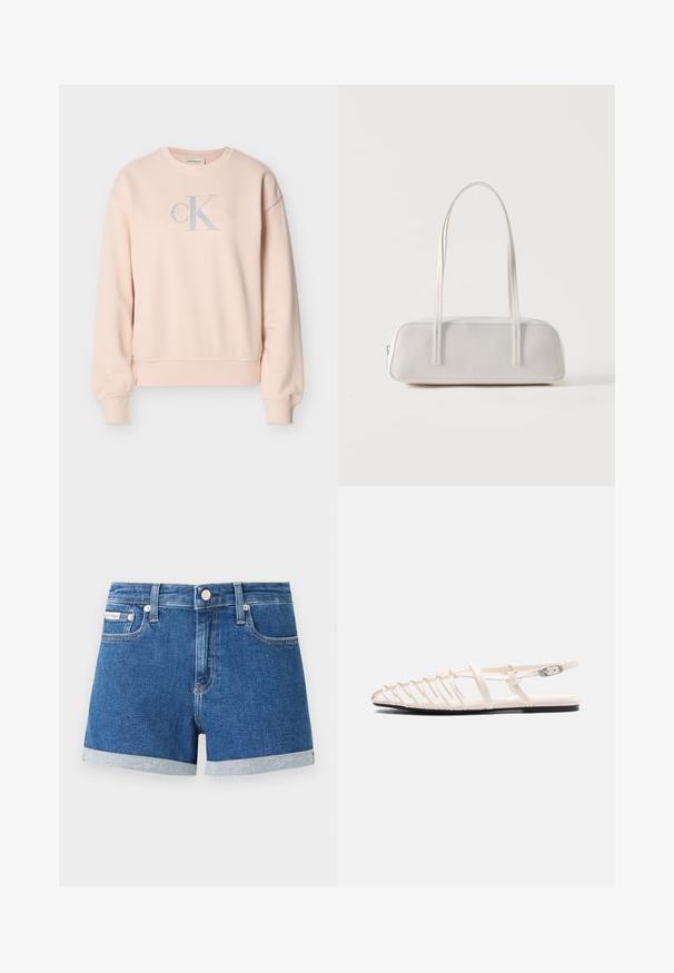 Lichtroze Calvin Klein sweatshirt met lange mouwen, ronde hals, geribde manchetten en voorop een logo in lichtgrijze en witte letters.; Donkerblauwe denim shorts met omgeslagen zoom. Voorzien van een knoopsluiting en voorkanten zakken. Gladde textuur met subtiele stikdetails.; Platte beige sandaal met meerdere dunne bandjes, enkelgesp en een zwarte zool, getoond vanuit de zijaanzicht op een witte achtergrond.; Witte rechthoekige schoudertas met lange dunne bandjes, minimale stiksels en ritssluiting op een effen achtergrond.