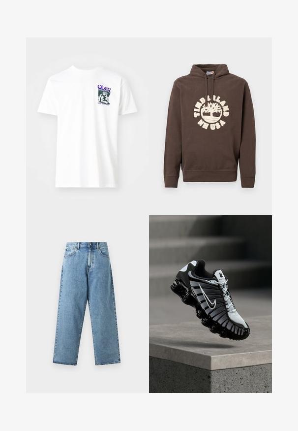 Brauner Kapuzenpullover mit Fronttaschen, verstellbarem Kordelzug an der Kapuze und weißem Timberland NH USA-Logo mit Baumgrafik auf der Brust.; Weißes Baumwoll-T-Shirt mit einem grafischen Druck in Lila, der eine sitzende Figur zeigt, mit dem Text "Obey" und "Stop Worry Now!" in Schwarz.; Hellblaue Jeans aus Denim mit hoher Taille, weitem geradem Bein, vorderer Knopfleiste, Reißverschluss und Fünf-Taschen-Design.; Schwarz-weißes Nike-Laufschuh, der über einer Betonoberfläche mit einem gestuften Stein-Hintergrund schwebt.