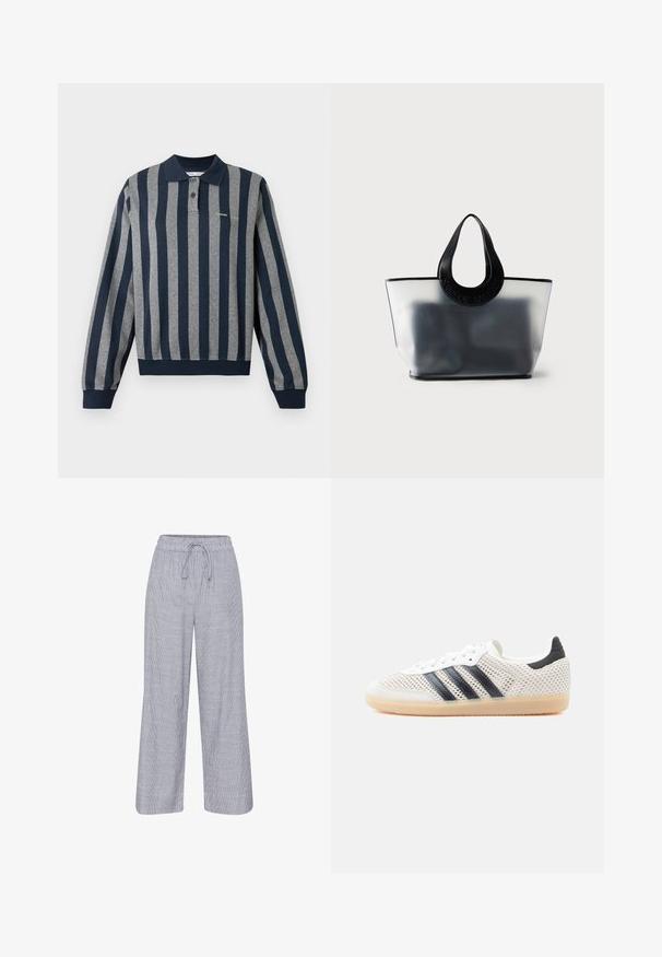 Polo de manga larga con rayas verticales en azul marino y gris, que cuenta con cuello, tapeta de botones y dobladillo y puños acanalados.; Pantalones anchos de rayas grises y blancas con cintura elástica y cordón. Tela ligera con un corte relajado.; Zapatillas deportivas de malla blanca con diseño de tres franjas negras, punta redondeada y suela de goma color café. Cuentan con un cuello de talón suave y cierre de cordones.; Bolsa tote gris translúcida con asas negras redondeadas grabadas con el nombre de la marca, que muestra contenido oscuro borroso en su interior.