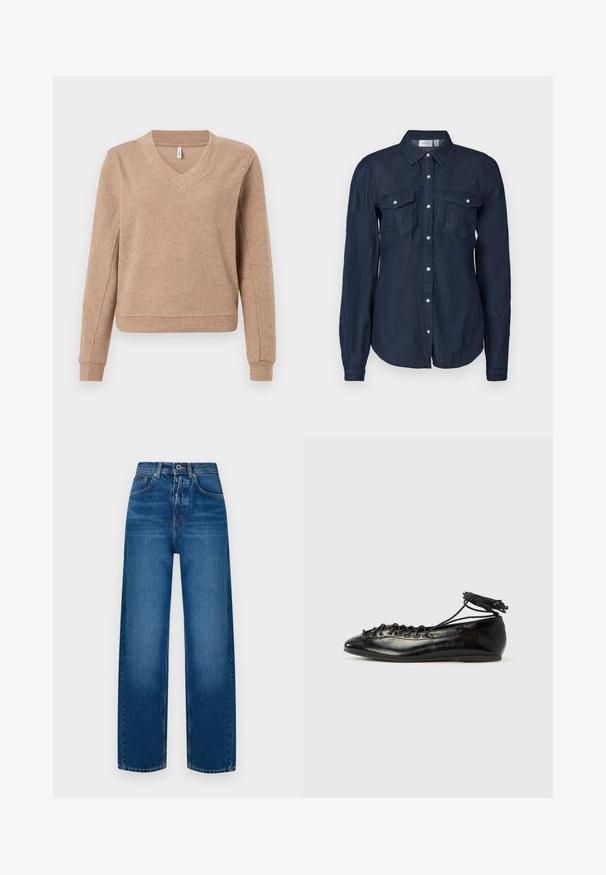 Beige geribbelde trui met een V-hals, lange mouwen en aansluitende manchetten. Zachte textuur met een licht losse pasvorm en een rechte zoom.; Marineblauwe button-up overhemd van lichte stof, met twee voorzakken, lange mouwen en een klassieke kraag met een gebogen zoom.; Wijdvallende denim jeans in vervaagd blauw. Voorzien van een knoopsluiting, klassiek vijf-pocket ontwerp en een zachte, gestructureerde afwerking.; Zwarte ballerina's van lakleer met een afgeronde neus, veterdesign en een platte zool. Glad oppervlak met minimale details.