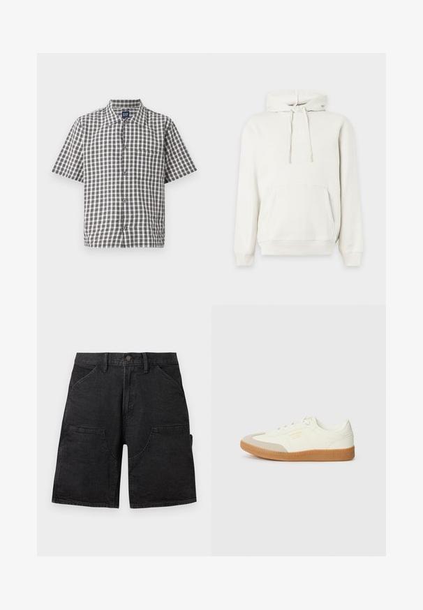 Sweat à capuche blanc avec poche frontale et cordons, présentant un logo GAP en relief subtil sur la poitrine.; Chemise à manches courtes, à carreaux noir et blanc, boutonnée, avec col et poche poitrine, marque GAP.; Short en jean noir longueur genou avec poches devant et sur les côtés, fermeture par boutons, et passants pour ceinture.; Baskets en cuir blanc avec une coque beige et une semelle en caoutchouc marron clair. Dotées de lacets blancs plats et d'un logo embossé sur le côté.