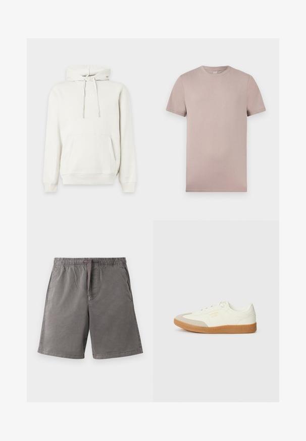 Sweat à capuche blanc avec poche frontale et cordons, présentant un logo GAP en relief subtil sur la poitrine.; T-shirt beige clair à manches courtes et col rond, avec une texture douce et des coutures visibles aux manches et à l'ourlet.; Shorts décontractés gris avec taille élastique et cordon, poches avant et coupe décontractée, présentés à plat sur un fond clair.; Baskets en cuir blanc avec une coque beige et une semelle en caoutchouc marron clair. Dotées de lacets blancs plats et d'un logo embossé sur le côté.