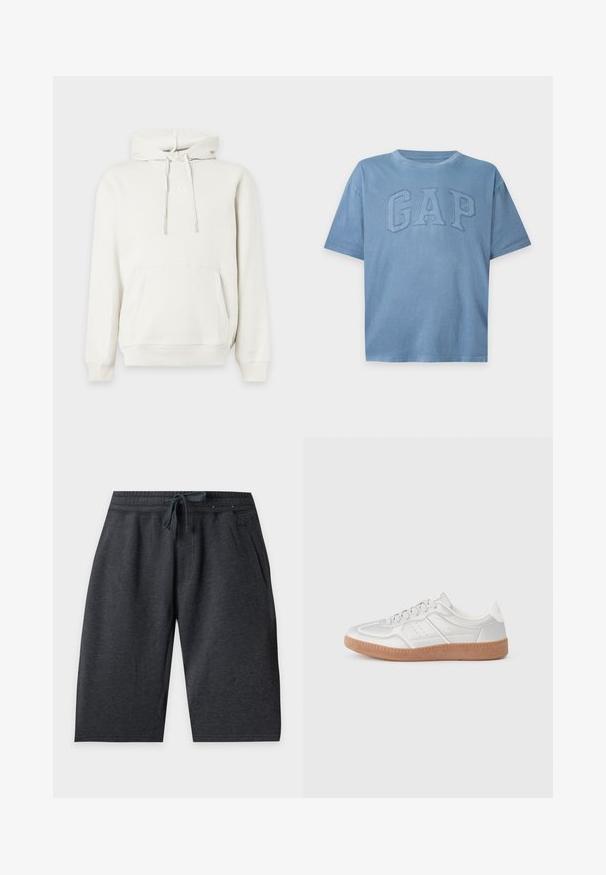 Sweat à capuche blanc avec poche frontale et cordons, présentant un logo GAP en relief subtil sur la poitrine.; T-shirt bleu à manches courtes avec col rond et logo GAP brodé en relief sur la poitrine, présenté sur fond uni.; Shorts gris foncé jusqu'au genou avec taille élastique et cordon à l'avant, avec poches latérales sur fond uni.; Baskets argentées avec une texture lisse, un design à lacets, des accents perforés et une semelle en caoutchouc marron texturé.
