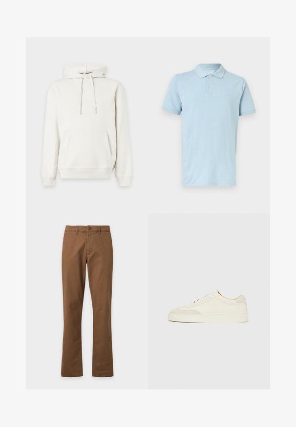 Sweat à capuche blanc avec poche frontale et cordons, présentant un logo GAP en relief subtil sur la poitrine.; Polo bleu clair à manches courtes avec deux boutons et petit logo brodé sur le côté gauche de la poitrine.; Pantalon marron droit avec bouton devant et passants de ceinture sur fond blanc uni.; Baskets en daim blanc à finition lisse, embout rond, design lacé plat, avec des accents texturés contrastants. Comprend un détail de logo subtil.