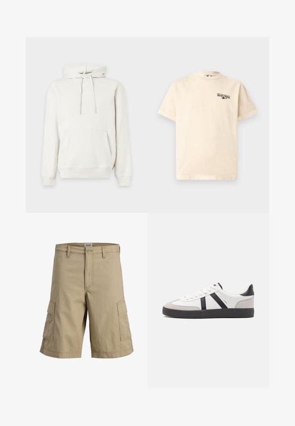 Sweat à capuche blanc avec poche frontale et cordons, présentant un logo GAP en relief subtil sur la poitrine.; T-shirt beige à manches courtes avec col rond et petit texte noir « Service Works » avec un graphique sur le côté gauche de la poitrine.; Short cargo beige longueur genou avec fermeture à bouton et zip devant et deux poches latérales à rabat.; Baskets blanches avec des accents noirs et gris, présentant un embout texturé gris, une semelle en caoutchouc noir et des lacets plats blancs. Design épuré, style minimaliste.