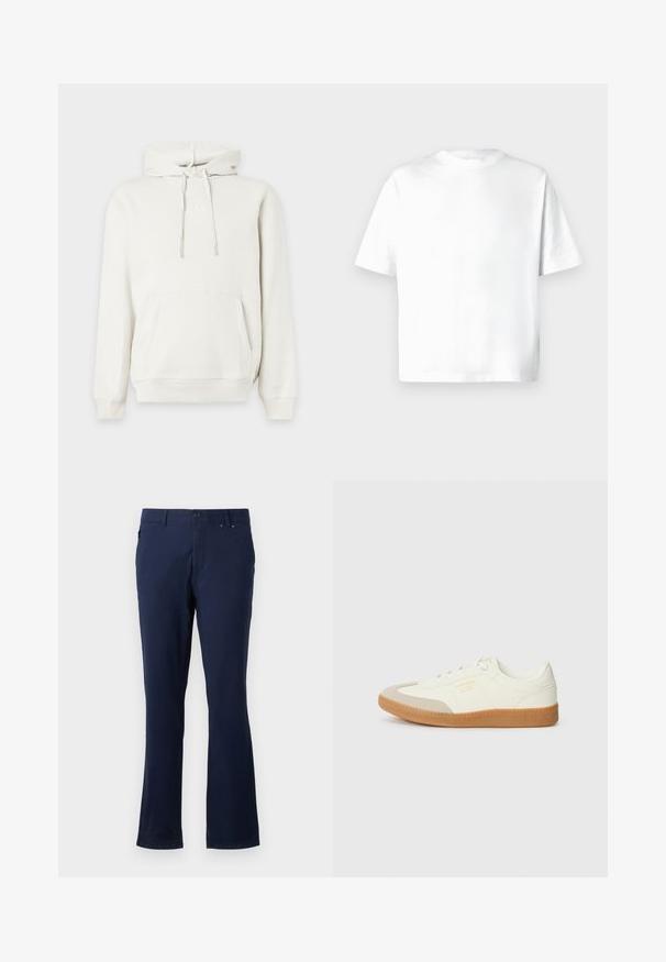 Witte hoodie met voorzak en koordjes, met een subtiel reliëflogo van GAP op de borst.; Wit T-shirt met korte mouwen gemaakt van zacht katoen, voorzien van een ronde hals en een losse pasvorm zonder patronen of afbeeldingen. Soepele textuur.; Navyblauwe broek van lichtgewicht stof, met een recht model, voorzakken en een knoopsluiting in de taille.; Schoen gemaakt van wit leer met een beige teenkap en een lichtbruine rubberen zool. Voorzien van platte witte veters en reliëfbranding aan de zijkant.