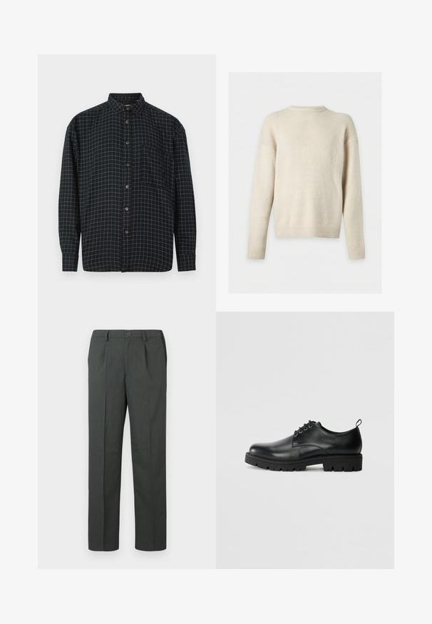 Pull tricoté crème à manches longues avec poignets, ourlet et encolure ras du cou côtelés, présenté sur un fond gris clair uni.; Chemise noire à manches longues, à boutons, avec un motif à carreaux blancs, poche avant et boutons marron sur fond blanc.; Pantalon gris bien coupé avec un devant plat, une coupe droite et une fermeture à un bouton, fabriqué en tissu léger.; Chaussure en cuir noir à bout arrondi, présentant un design à lacets, une semelle en caoutchouc noire robuste et un petit onglet de talon à l'arrière.
