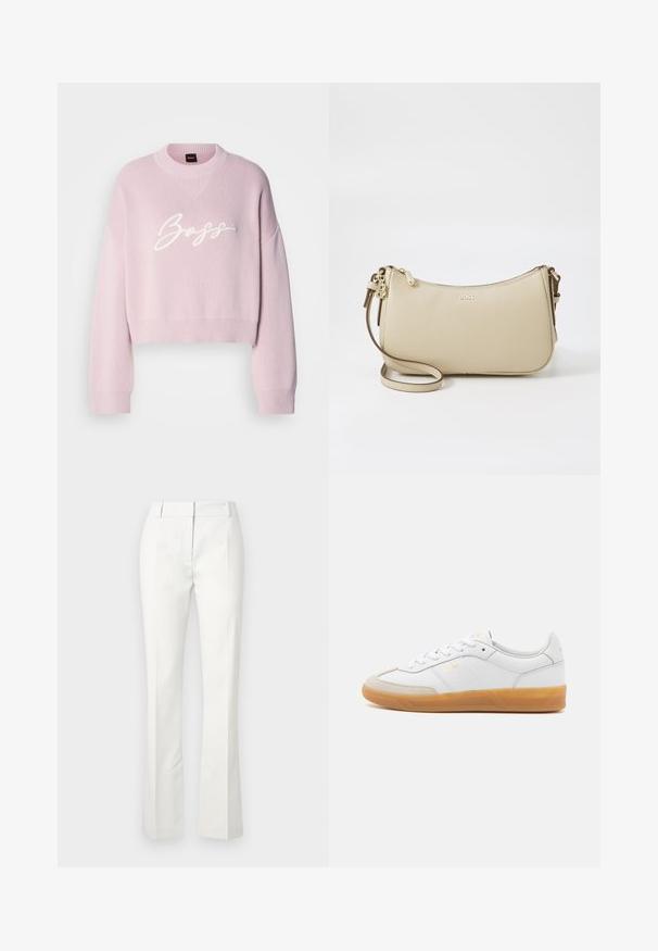 Pull en tricot rose au design court, avec un col rond et des manches amples, orné d'une broderie blanche "Boss" sur le devant.; Pantalons blancs ajustés avec un bas évasé, présentant des plis sur le devant et une texture lisse, fabriqués à partir d'un tissu léger.; Baskets en cuir blanc avec des accents en suédine beige, semelle en caoutchouc gomme et design à lacets. Présente un logo discret en doré.; Sac bandoulière en cuir beige avec une forme courbée, des accents en métal doré, une fermeture éclair et une bandoulière ajustable. Logo "BOSS" estampillé à l'avant.