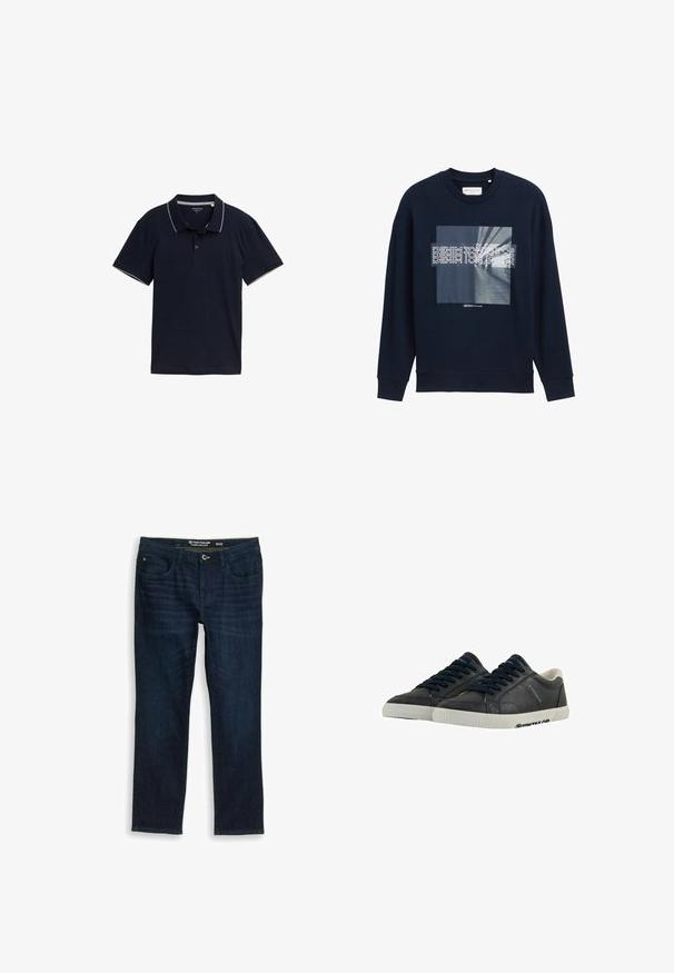 Marineblå sweatshirt lavet af bomuldsblanding, med et stort grafisk print af en metro-scene. Ribbet rund hals og manchetter.; Mørkeblå polo shirt lavet af bomuld, med en klassisk krave, tre-knap lukning og kontrasterende lys grå trim på kraven og ærmerne.; Mørkeblå straight-leg jeans med forlommer, knap- og lynlås-lukning, størrelse 32 fra Tom Tailor mærket.; Marine læder sneakers med hvide gummisåler, rund tå og sorte snørebånd. Subtile teksturer og branding på siderne. Casual design.