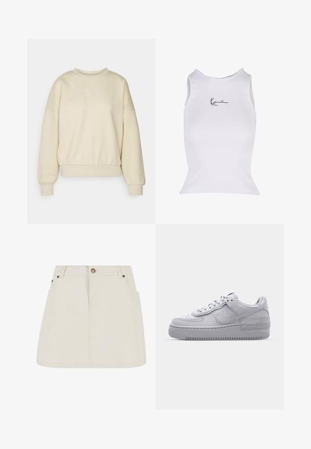 Sweatshirt beige avec un col rond, des épaules tombantes et une taille élastique. Présente un texte brodé blanc sur la poitrine. Texture de tissu douce.; Débardeur blanc côtelé sans manches avec col montant et petit logo noir en écriture cursive centré sur la poitrine.; Mini jupe en denim de couleur beige clair, dotée d'une taille haute, de deux poches avant et d'accents en bouton bronze. Texture lisse et design simple.; Basket en cuir lisse gris Nike Air Force 1 avec un bout perforé, une semelle épaisse et un détail 'AIR' en relief sur le talon.