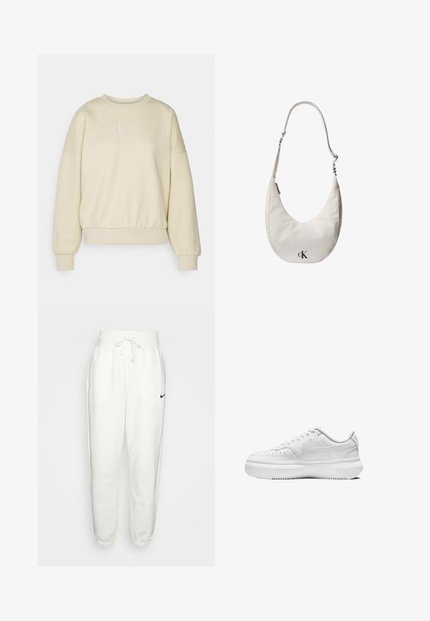 Sudadera beige con cuello redondo, hombros caídos y cinturilla elástica. Presenta texto bordado en blanco en el pecho. Textura de tela suave.; Pantalones de chándal blancos hechos de una tela suave, con una cinturilla elástica con cordón, bolsillos laterales y un logo negro de Nike en el muslo izquierdo.; Zapatillas blancas con parte superior de cuero liso, puntera redonda, detalles perforados y suela de goma blanca gruesa. Presenta el logotipo en el lateral y cordones planos.; Bolso de hombro de cuero blanco en forma de media luna, con correa ajustable, cierre de cremallera y logotipo negro de Calvin Klein en el frente.