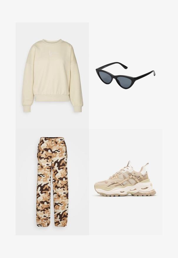 Beige sweatshirt med rund halsudskæring, dropped skuldre og elastisk talje. Har hvidt broderet tekst på brystet. Blød tekstur.; Envii PANTS - Bukser - desert; Beige og hvide chunky sneakers med tyk sål, mesh- og læderpaneler, ovale udskæringer i mellemsålen, trækstropper på tunge og hæl.; Sorte katteøje solbriller med mørkegrå linser, slankt plastisk stel, spidse hjørner og lige stænger. Ingen synlig hardware eller dekorationer.