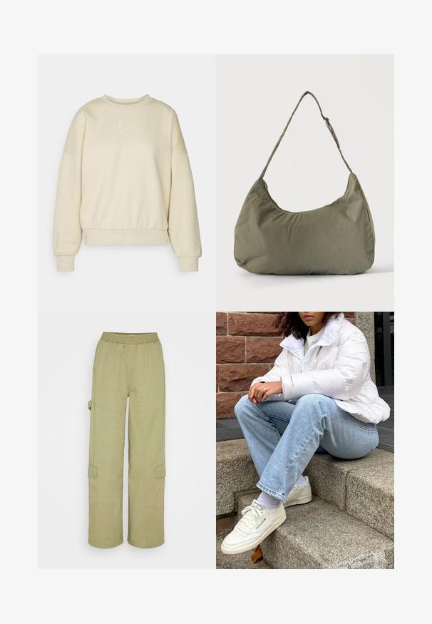 Beige mikina s okrúhlym výstrihom, spustenými ramenami a elastickým pásom. Na hrudi sú biele vyšívané nápisy. Mäkká textúra látky.; Cotton On QUINN PANT - Kapsáče - moss green; Biely nafukovací kabát s vysokým golierom, svetlo modré džínsy a biele tenisky Reebok. V pozadí sú štruktúrované kamenné schody.; Olivovo zelená mäkká látková taška cez rameno so zipsovým uzáverom a nastaviteľným popruhom na svetlom jednofarebnom pozadí.