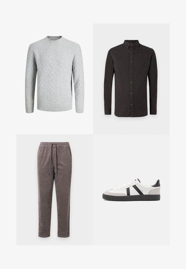 Jersey de punto gris claro con patrón de rombos, cuello redondo, puños y dobladillo acanalados, mangas largas, adecuado para clima frío.; Camisa de botón marrón oscuro con cuello puntiagudo, mangas largas y acentos de botones marrones. Tejido texturizado con un patrón uniforme.; Pantalones de pana en un color taupe suave, con una cintura elástica y cordón ajustable, y piernas estrechas con textura de canales verticales.; Zapatilla blanca con acentos en negro y gris, que presenta una puntera texturizada en gris, suela de goma negra y cordones planos blancos. Diseño limpio, estilo minimalista.